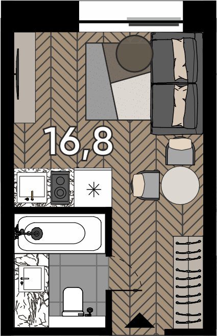 Апартаменты-студия, 16,8 м²