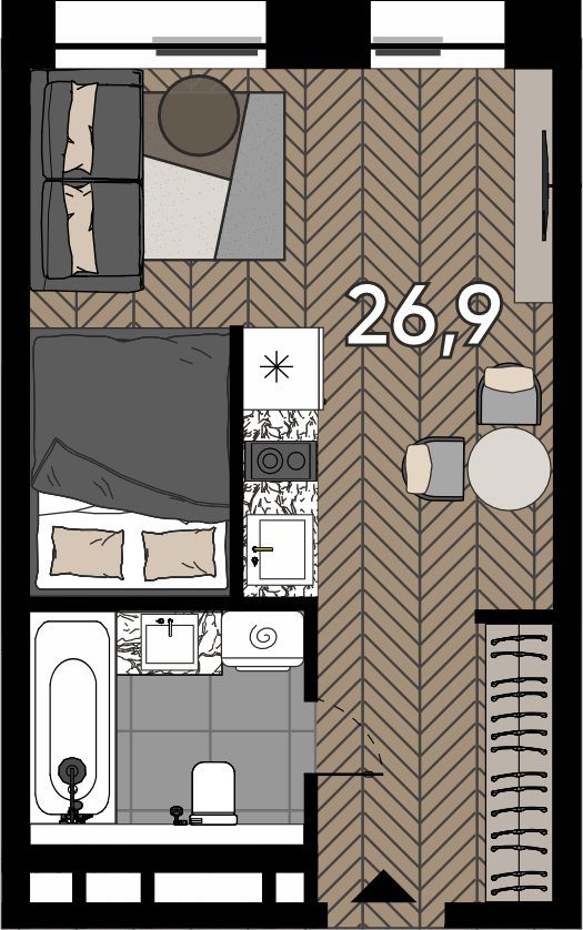 Апартаменты-студия, 26,9 м²
