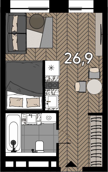 Апартаменты-студия, 26,9 м²