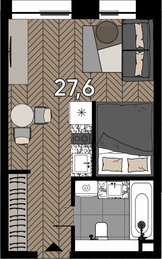 Апартаменты-студия, 27,6 м²