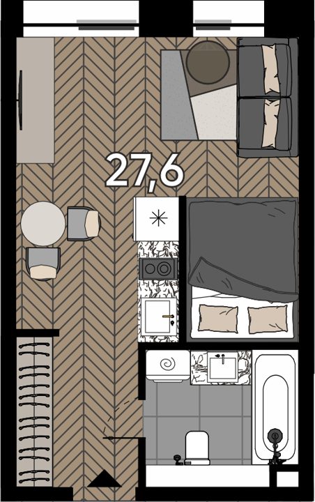 Апартаменты-студия, 27,6 м²
