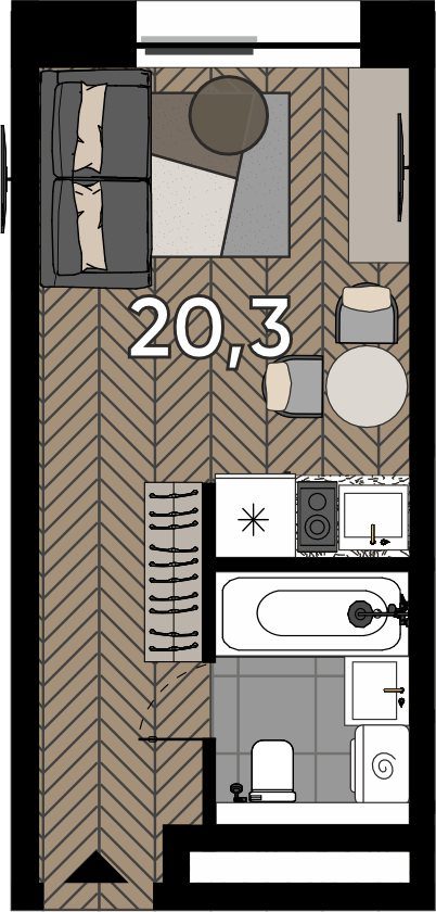 Апартаменты-студия, 20,3 м²