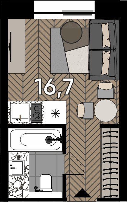 Апартаменты-студия, 16,7 м²