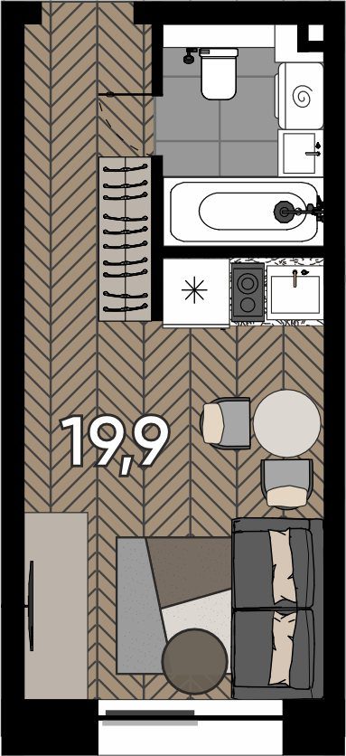 Апартаменты-студия, 19,9 м²
