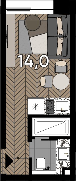 Апартаменты-студия, 14 м²
