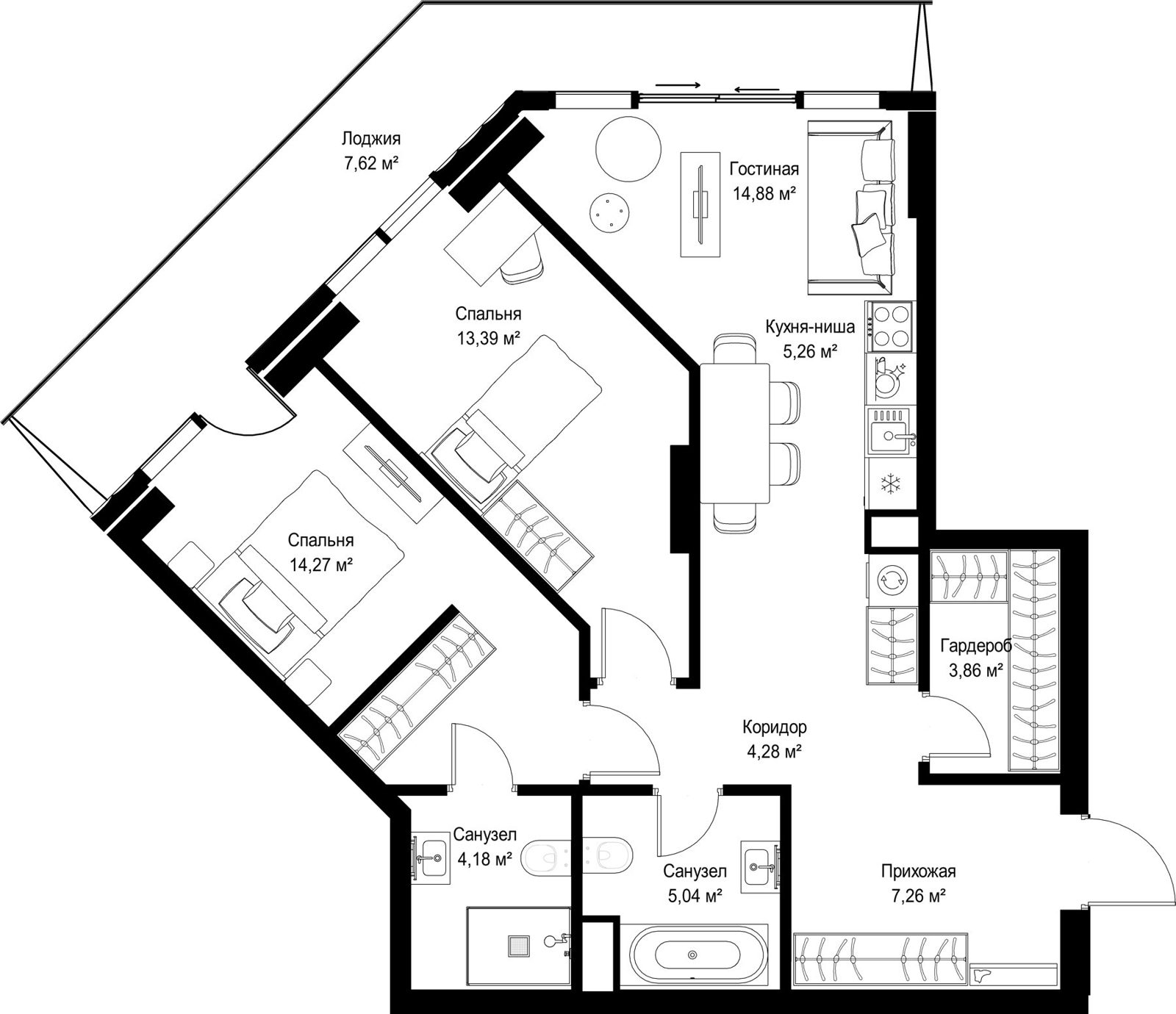 2-комнатная квартира, 80 м²