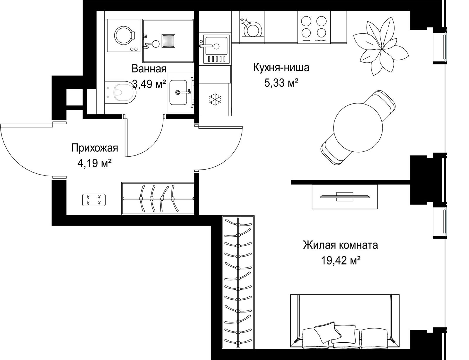 1-комнатная квартира, 32,4 м²