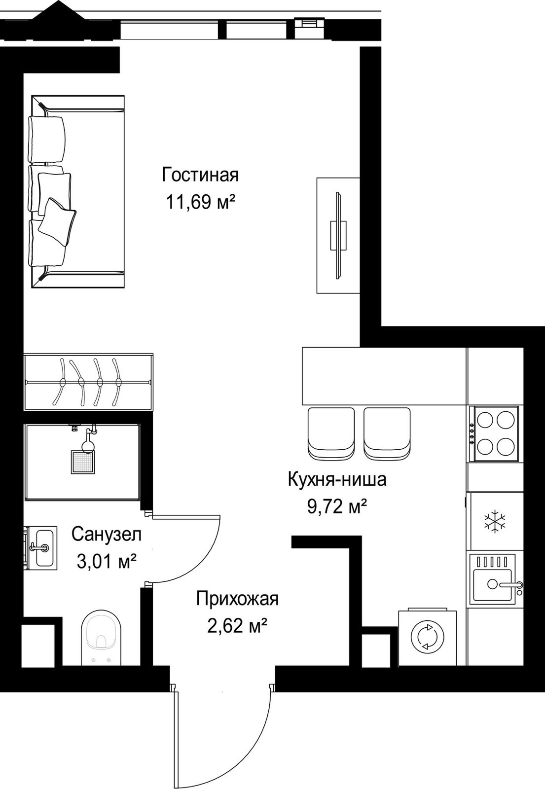 Квартира-студия, 27 м²