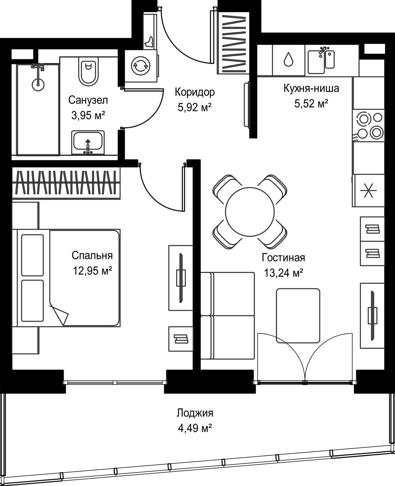 1-комнатная квартира, 45,9 м²