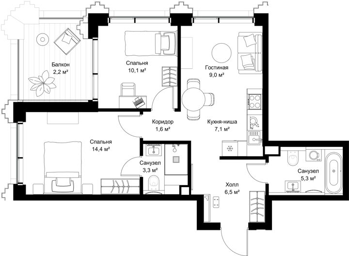 2-комнатная квартира, 59,5 м²