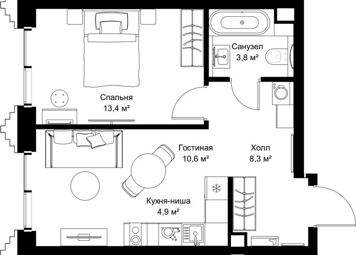 1-комнатная квартира, 41 м²