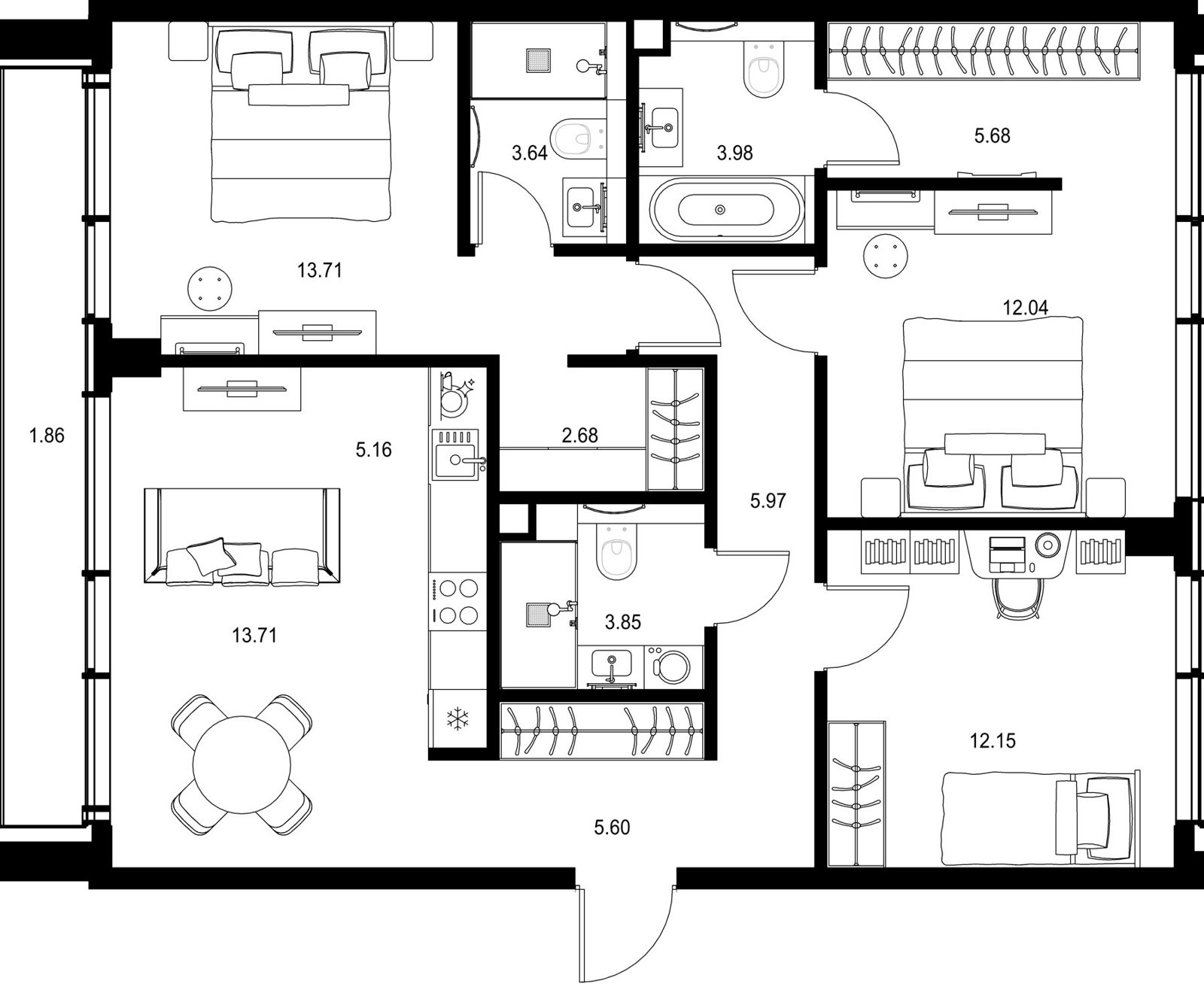 3-комнатная квартира, 90 м²