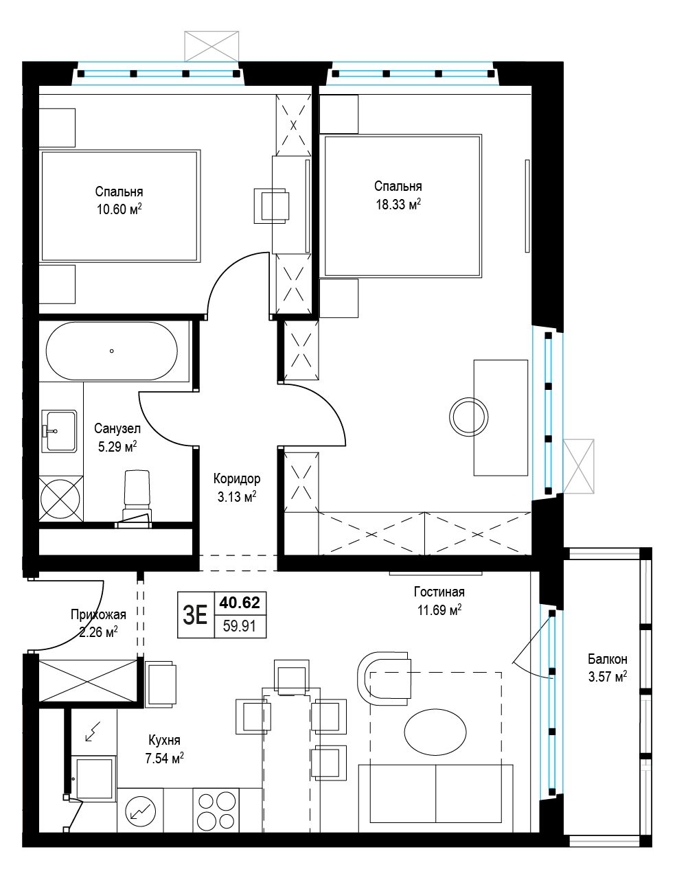 2-комнатная квартира, 59,7 м²