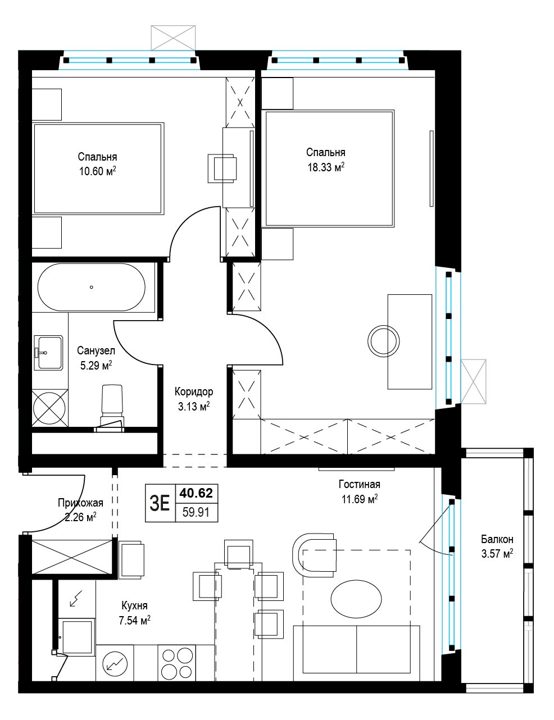2-комнатная квартира, 59,7 м² — фото 1