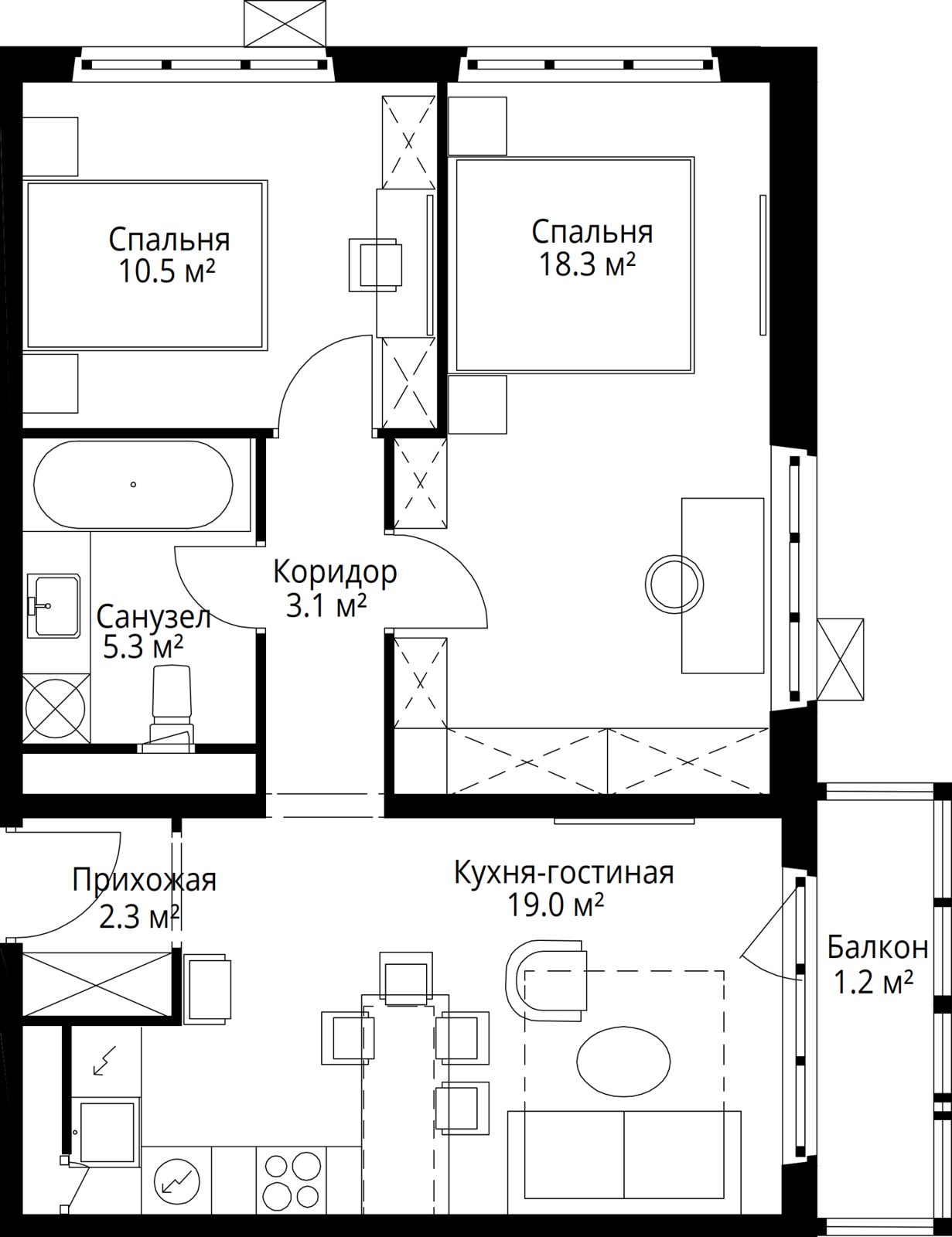 2-комнатная квартира, 59,7 м² — фото 2