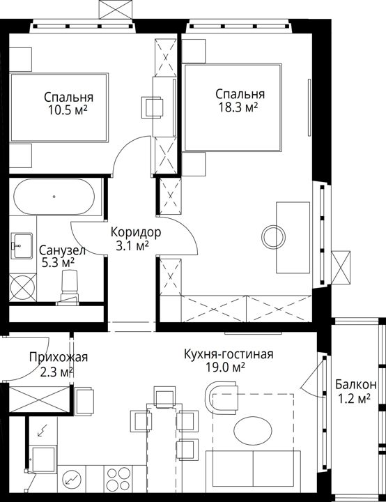 2-комнатная квартира, 59,7 м² — фото 2