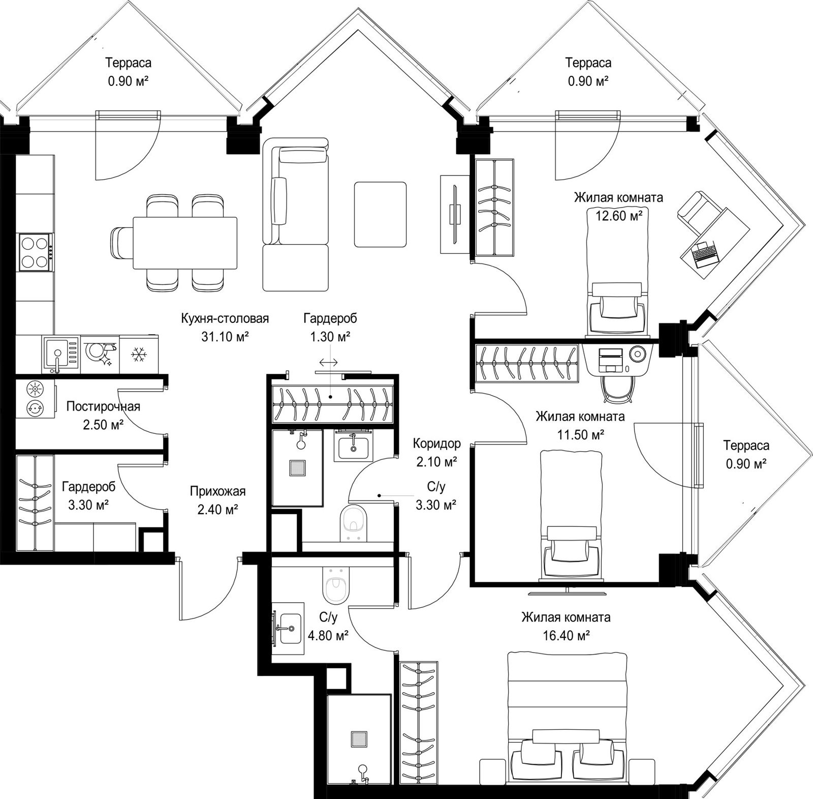 3-комнатная квартира, 94 м²