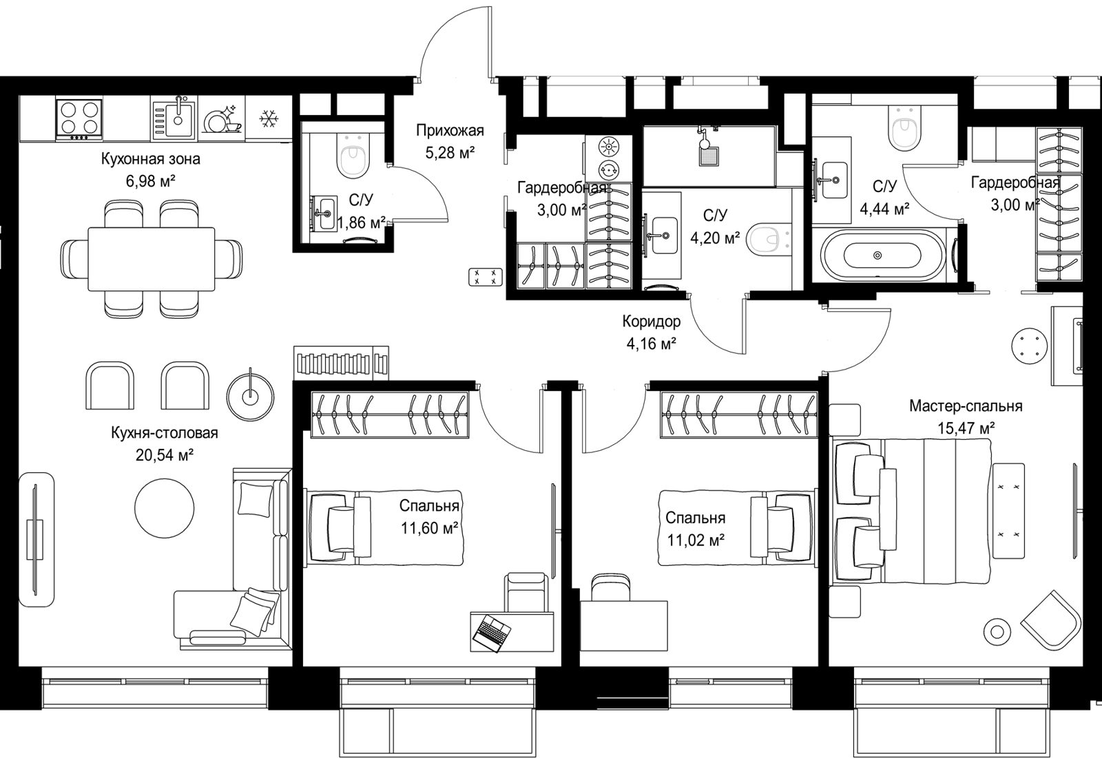 3-комнатная квартира, 91,5 м²
