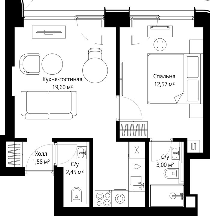 1-комнатная квартира, 38,6 м² — фото 1