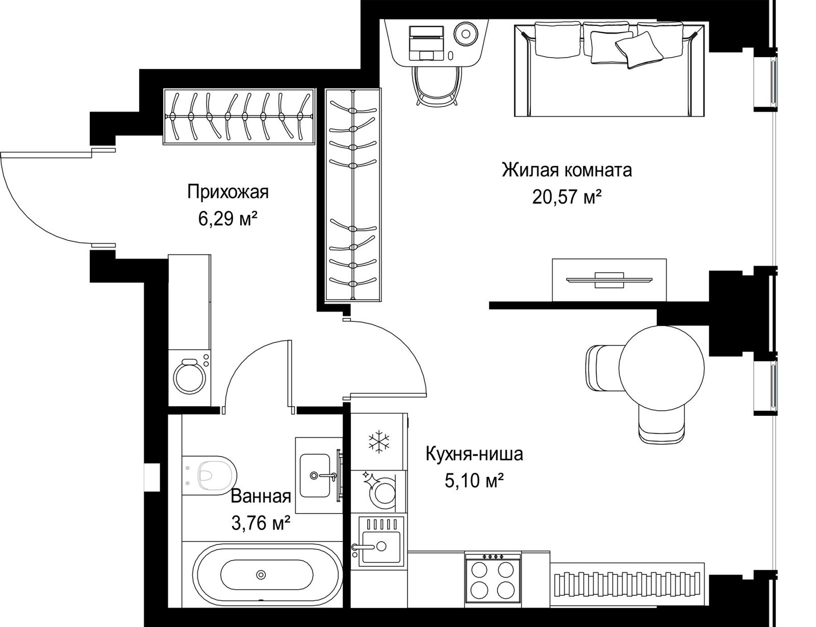 1-комнатная квартира, 35,7 м²