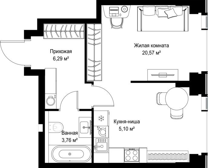 1-комнатная квартира, 35,7 м² — фото 1