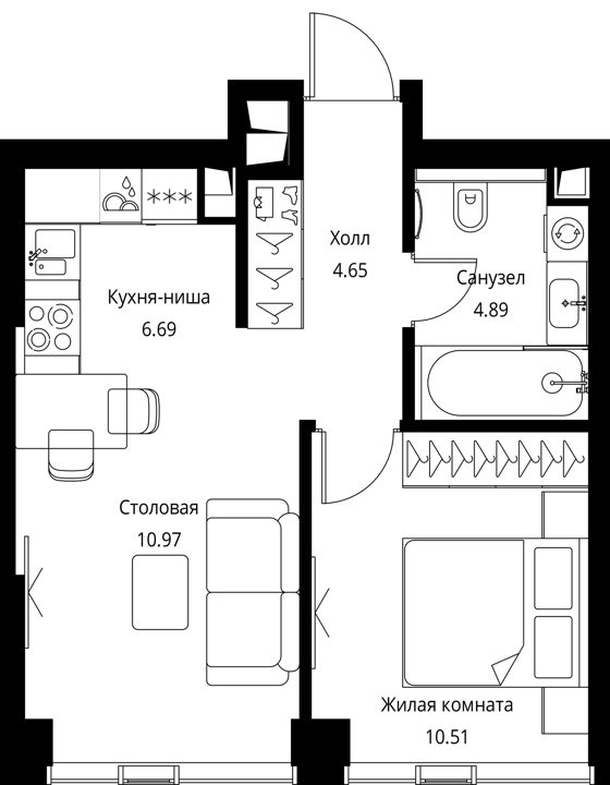 1-комнатная квартира, 37,7 м² — фото 1