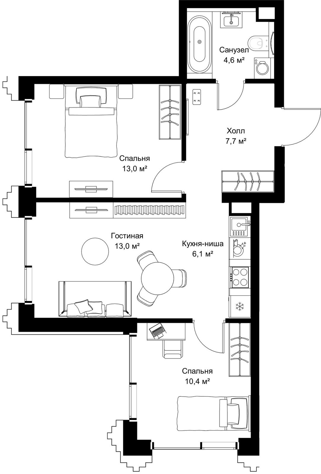 2-комнатная квартира, 54,8 м²