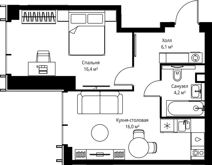 1-комнатная квартира, 42,7 м²