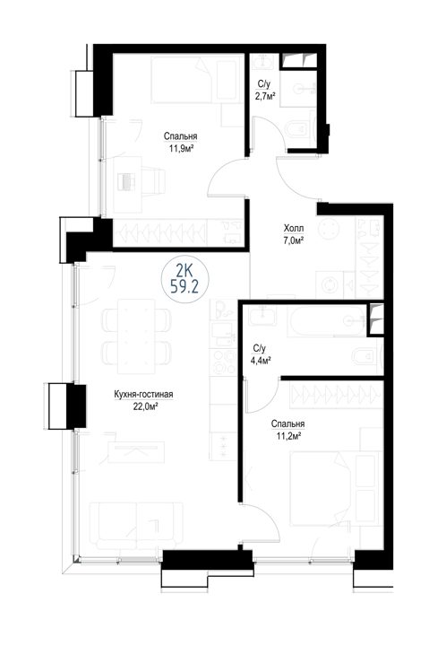 2-комнатная квартира, 57,8 м² — фото 1