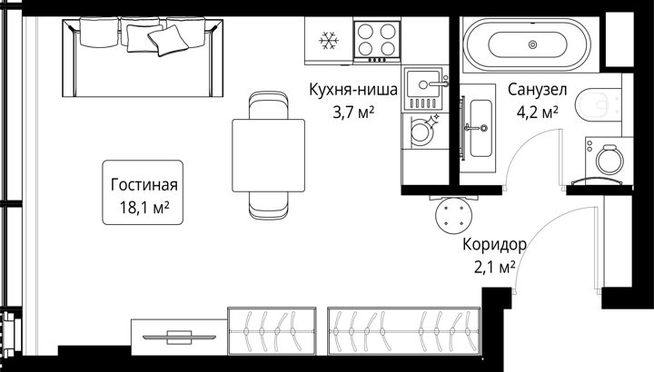Квартира-студия, 28,1 м²