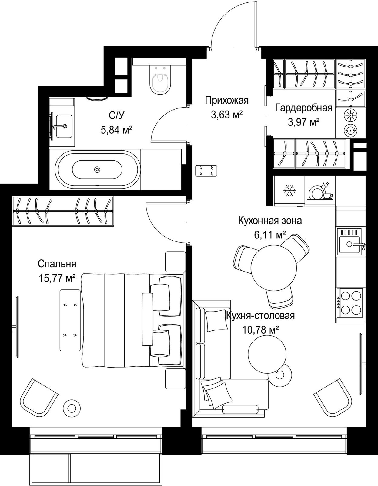 1-комнатная квартира, 46,1 м²