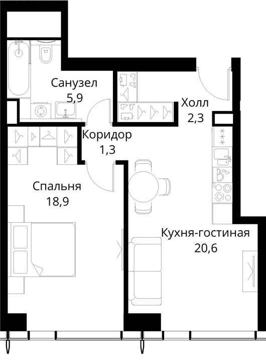 1-комнатная квартира, 51,5 м² — фото 1