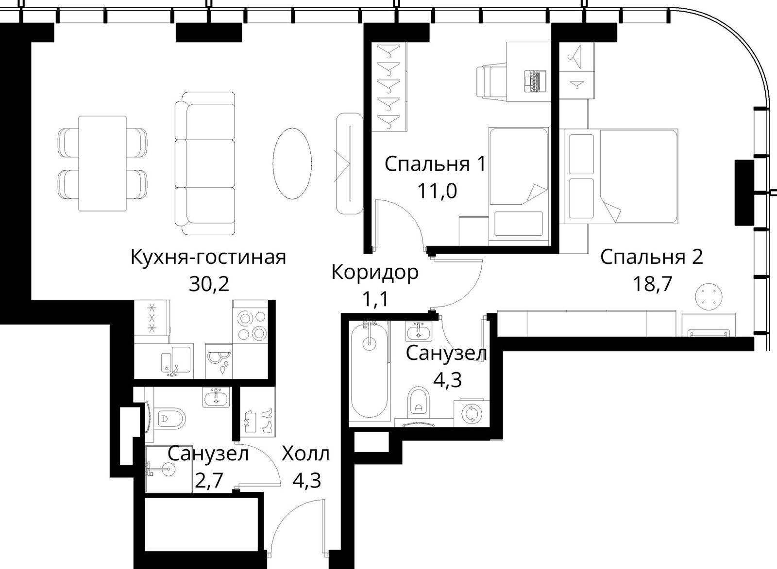 2-комнатная квартира, 72,3 м²