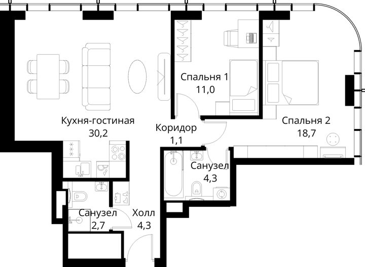2-комнатная квартира, 72,3 м² — фото 1