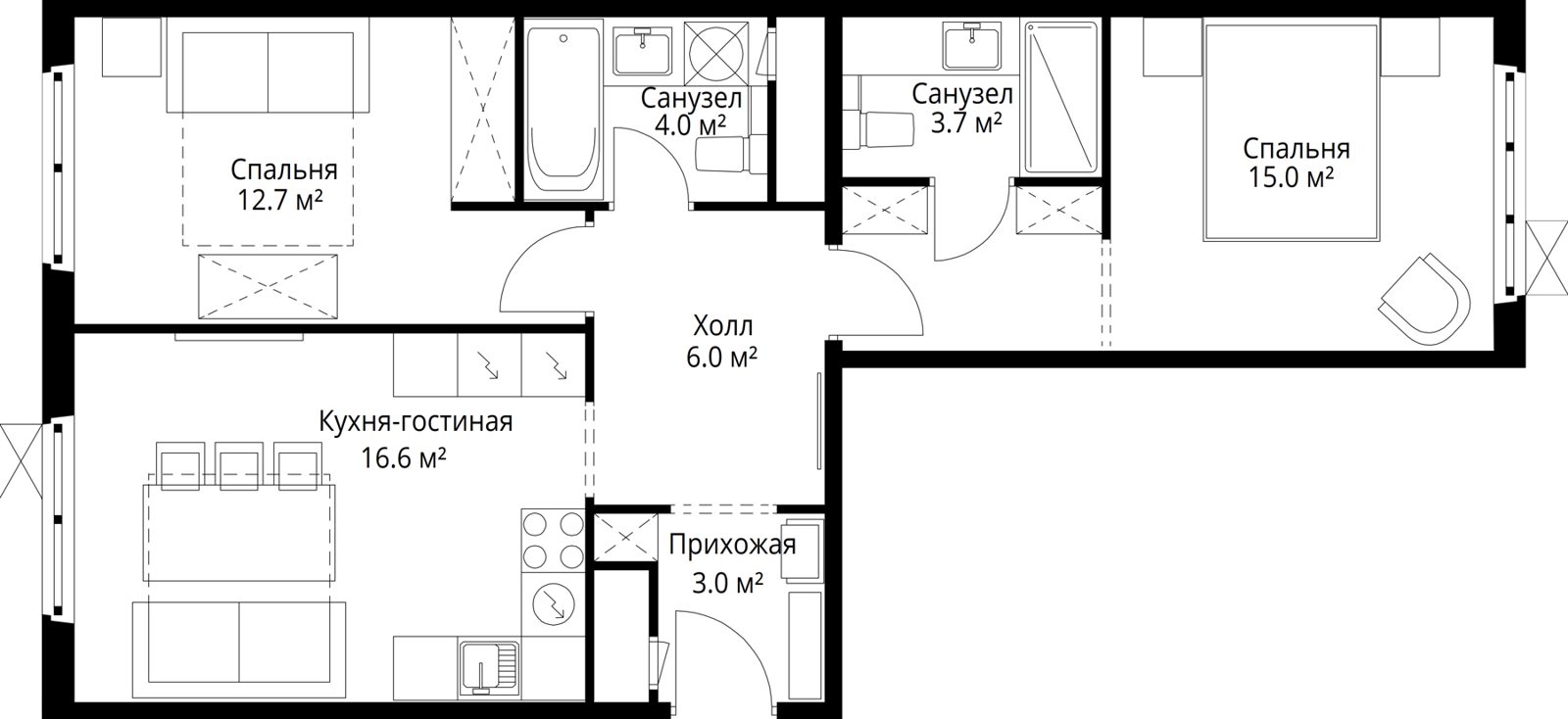2-комнатная квартира, 61 м²