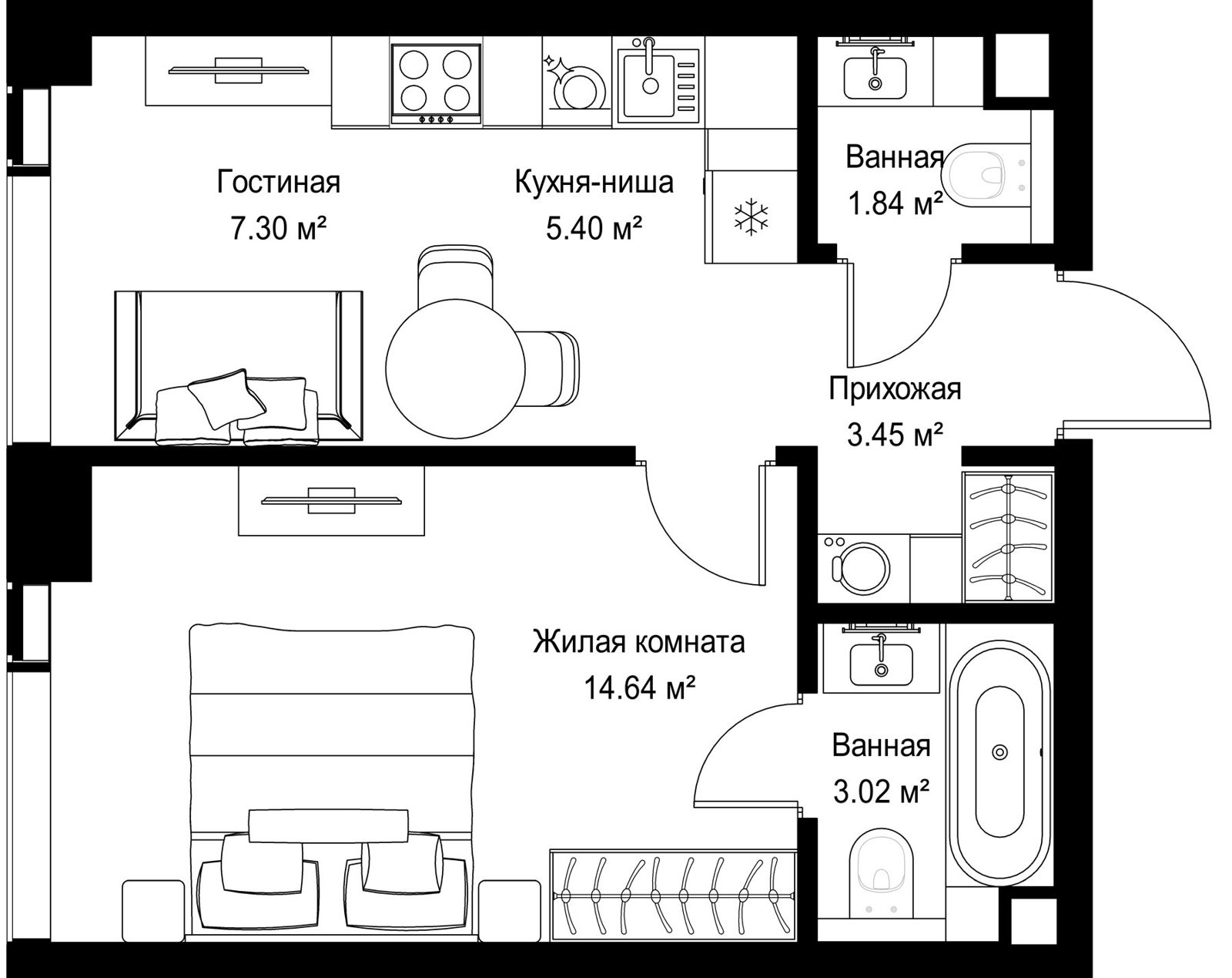 1-комнатная квартира, 35,6 м²