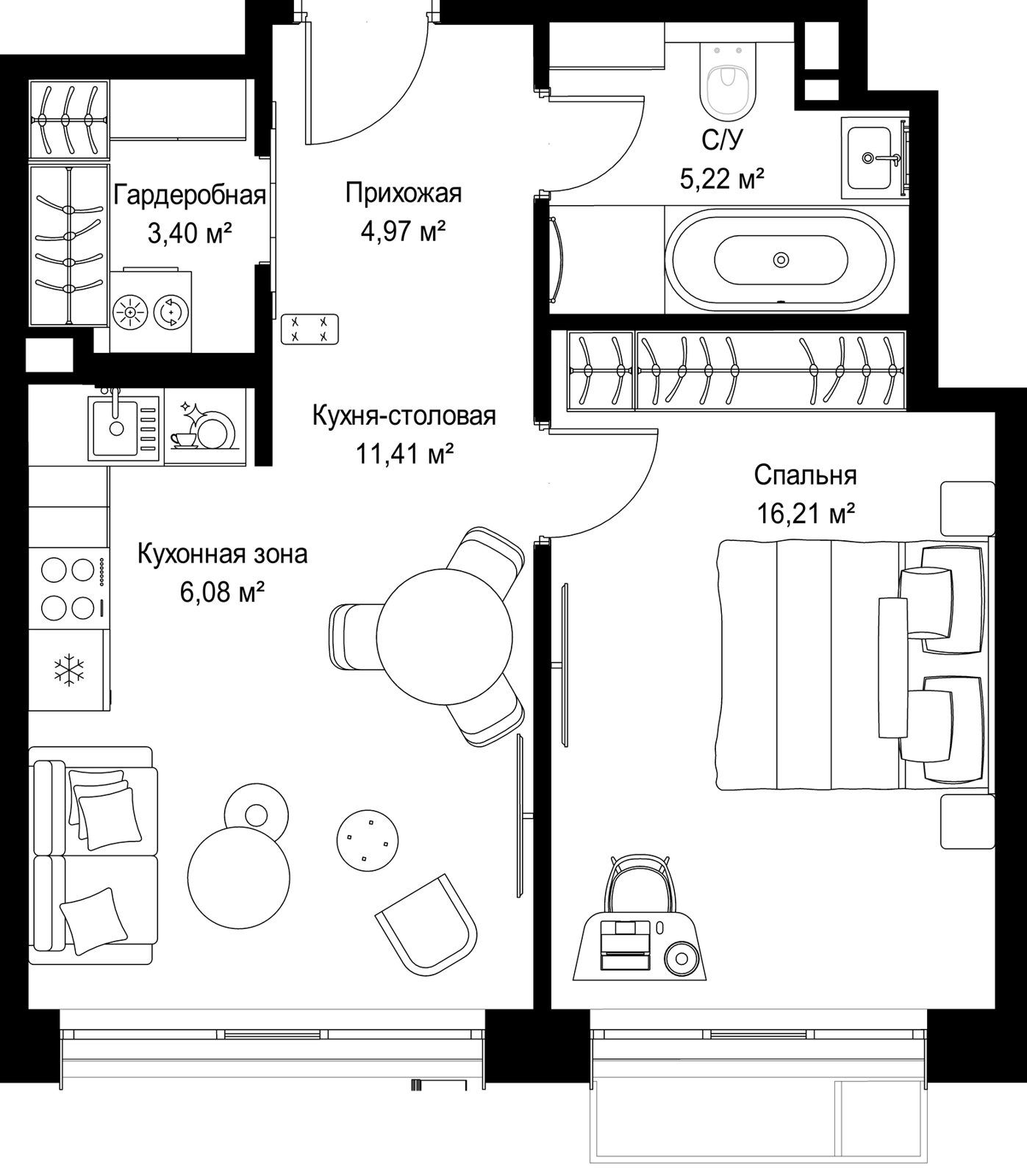 1-комнатная квартира, 47,3 м²