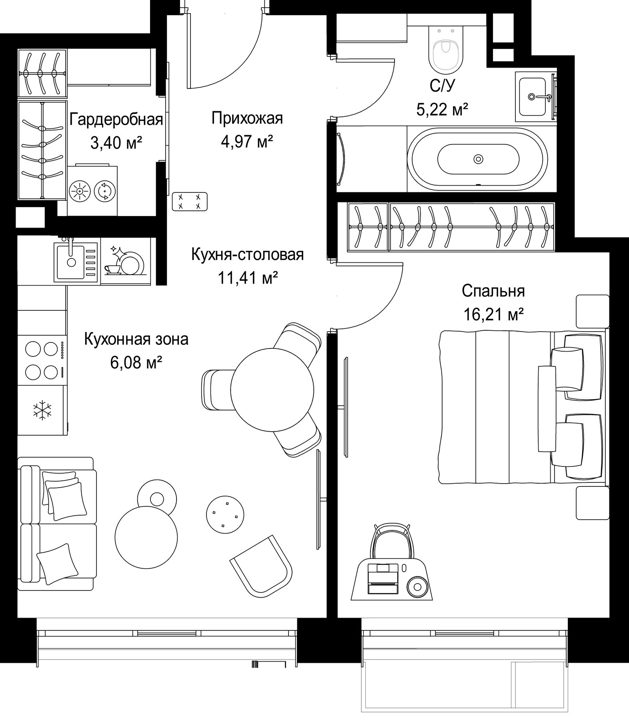 1-комнатная квартира, 47,3 м² — фото 1