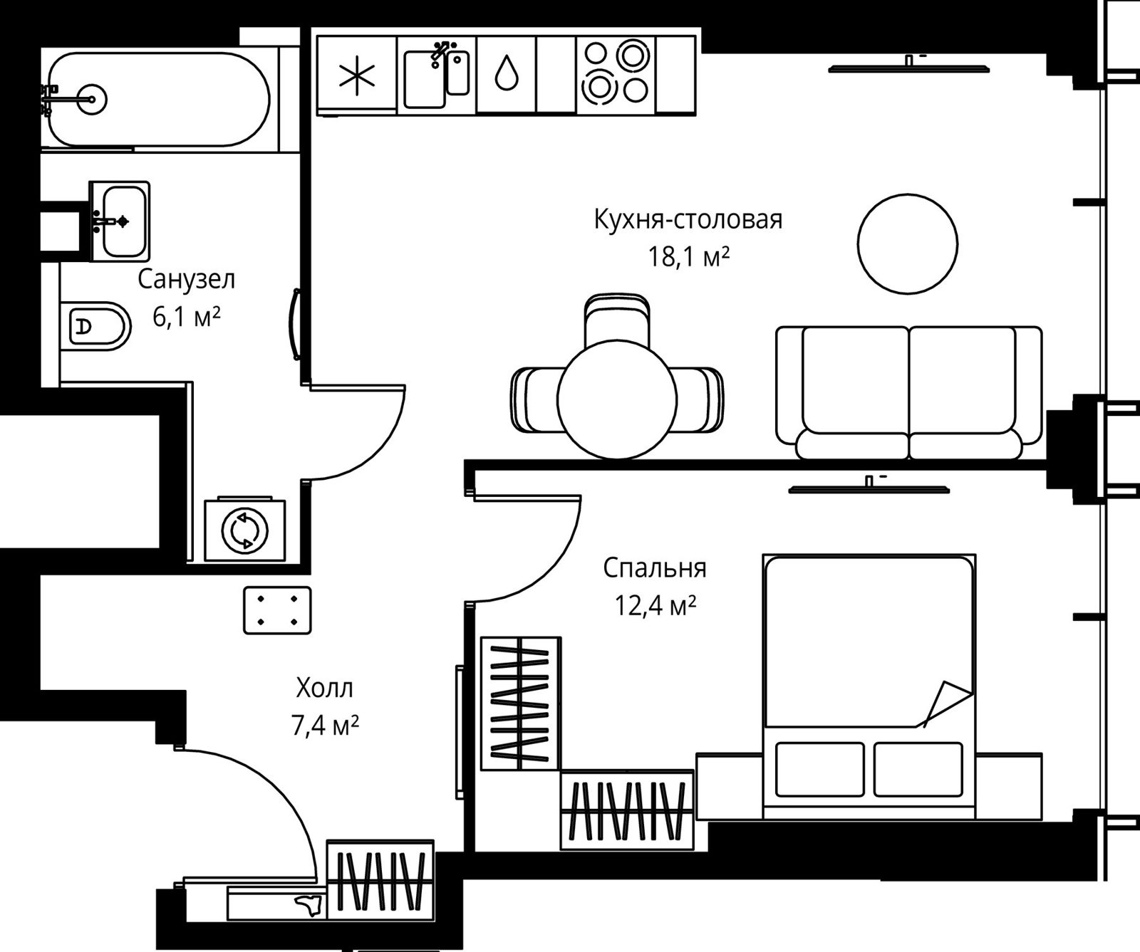 1-комнатная квартира, 44 м²