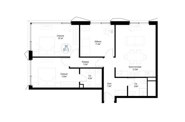3-комнатная квартира, 79,2 м² — фото 1