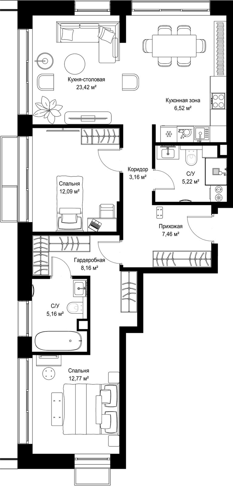 2-комнатная квартира, 84 м²