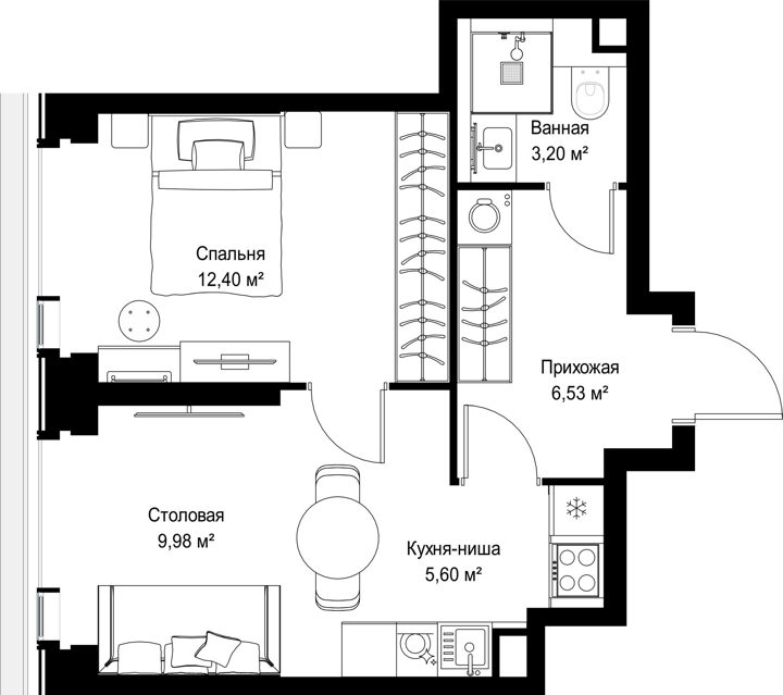 1-комнатная квартира, 37,7 м² — фото 2