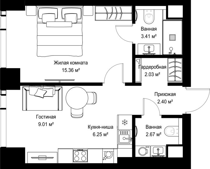 1-комнатная квартира, 41,1 м²
