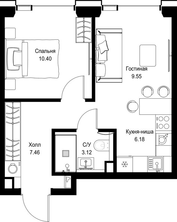 1-комнатная квартира, 36,7 м²