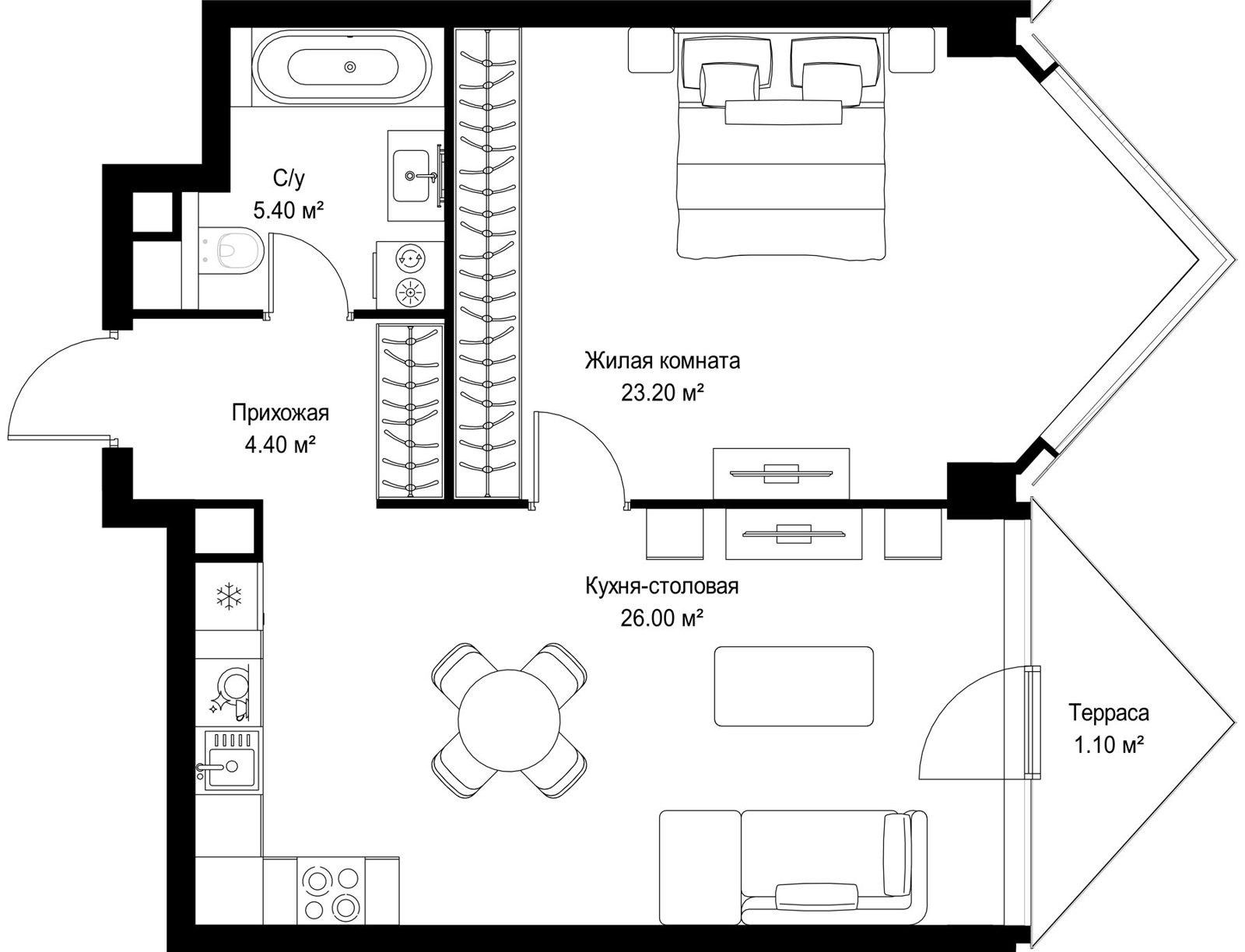 1-комнатная квартира, 60,1 м²