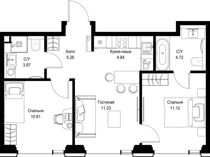 2-комнатная квартира, 51,6 м²