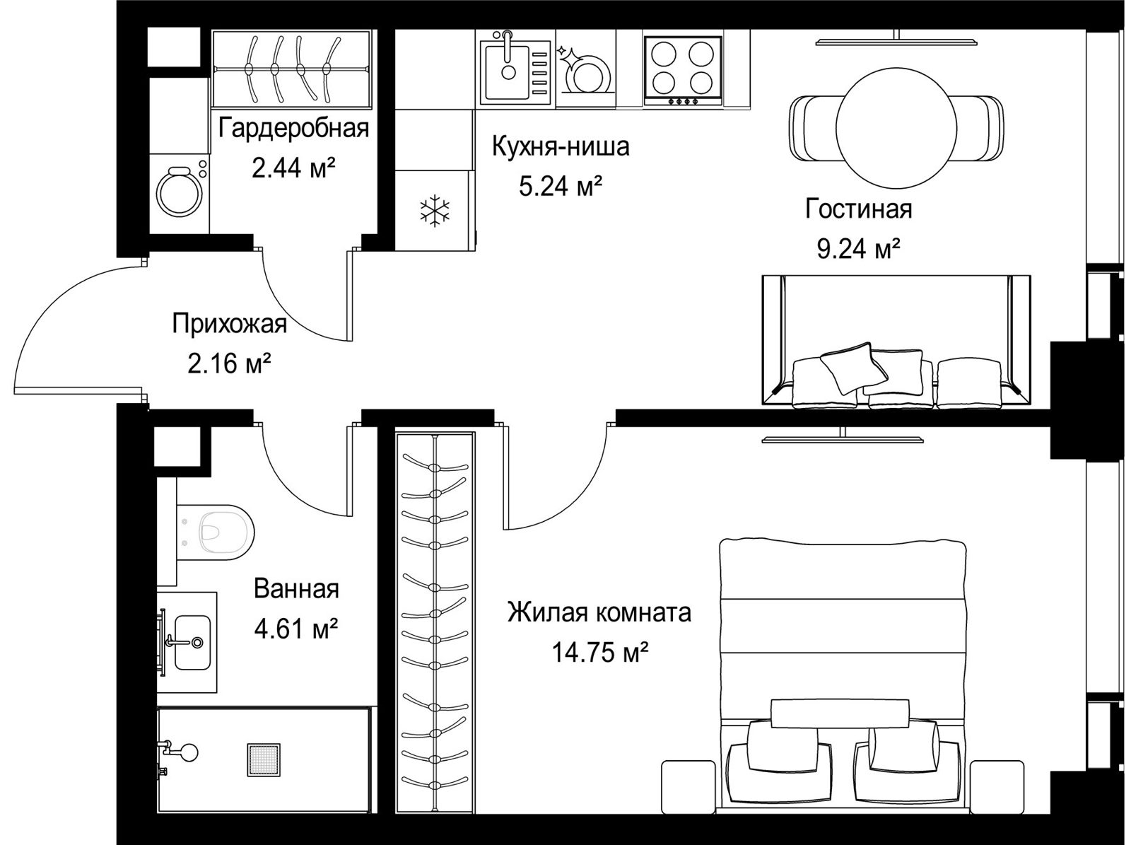 1-комнатная квартира, 38,4 м²