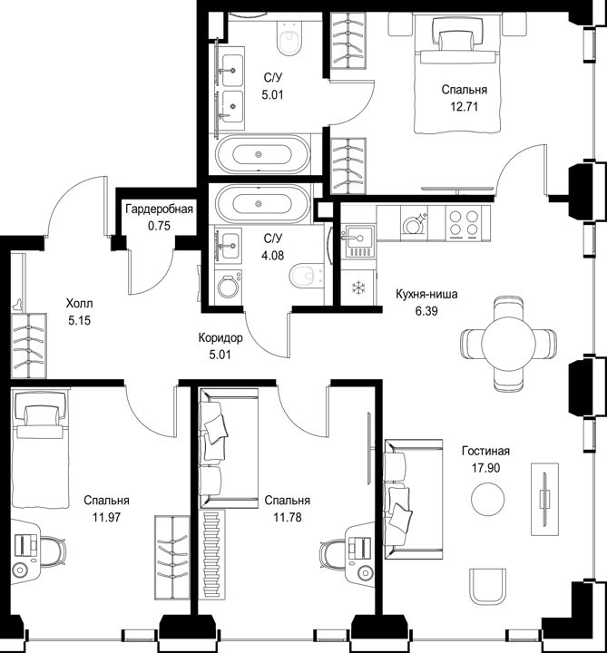 3-комнатная квартира, 80,8 м²