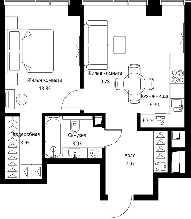 1-комнатная квартира, 47,4 м² — фото 1