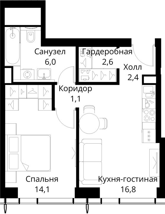 1-комнатная квартира, 43 м² — фото 1